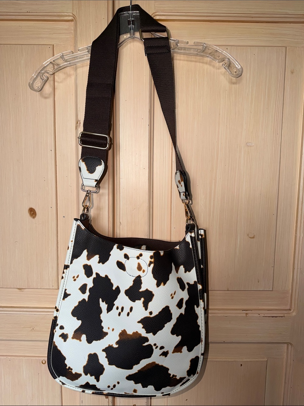 Cow-Print Faux Leather Shoulder Bag with Adjustable Strap - White, Black & Brown